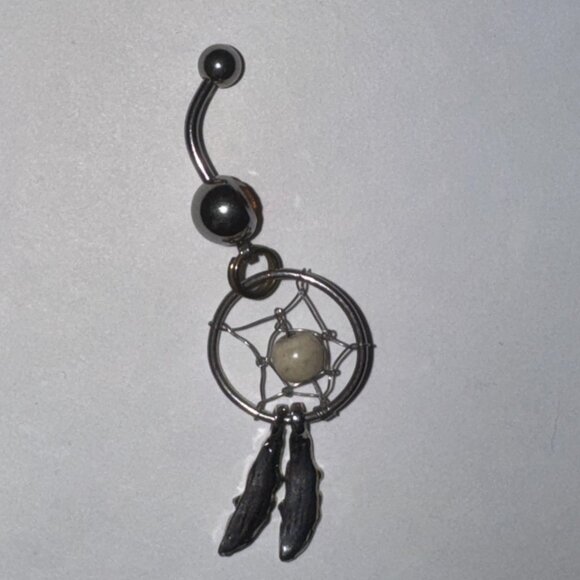 Topaz Orange gem with Cream bead Dream Catcher Dangle Belly Ring - Picture 10 of 11